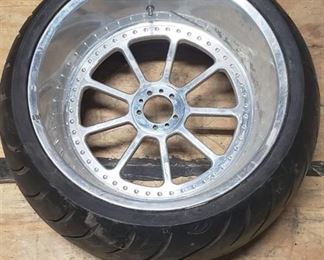 New Avon AV72 COBRA 300-35 VR 18 (87V) Rear Motorcycle Tire mounted on a spoked cast alloy chrome rim