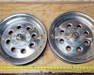 Pair Aluminum Funny Car rims with Anglia spindles, with bolts & dust covers - bearings under tape