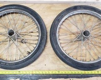 Pair Kagan dragster spoke rims with Avon Speedmaster MKII 2.25 x 17R tires made in England, 2 spokes missing on one rim