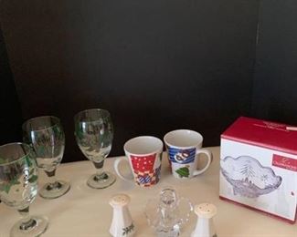 Christmas glasses and cups, salt and peppers shakers, glass angels and Mikasa candy dish