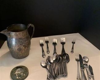 Sheffield pitcher and misc flatware