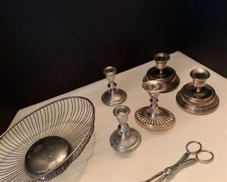Silver plate candle stick holders bowl and salad tongs