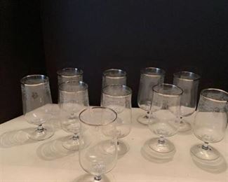 Crystal water goblets with silver tone rim (one cracked)