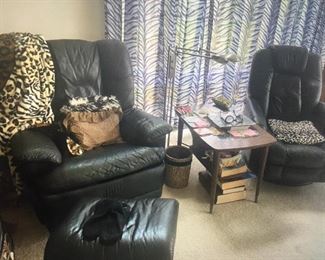 Leather recliner and lift chair, floor lamp, and  mid century end table.