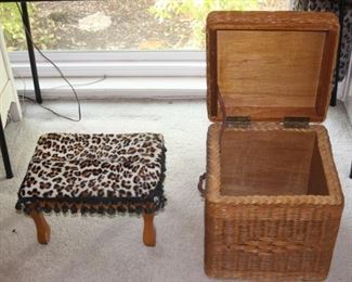 Footstool and wicker storage box.