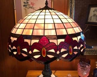 Large stained glass lamp with metal and marble base