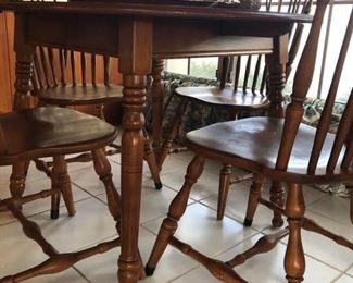 #1. SOLD Heywood Wakefield Dining Table + 4 Chairs + 2 Leaves, Laminate Top. 
“Old Colony” Circa 1930s, Braced Windsor Chairs 