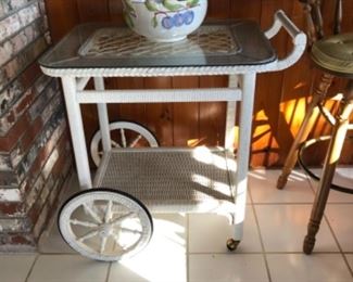 Vintage Rolling Wicker tea cart table