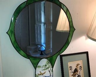 Hand-made stained glass mirror with Hand painted bird scene by Jeanne Barker. 