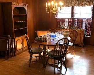 Ethan Allen bookcase cabinet. 
Ethan Allen Gate leg Dining Room table with 4 Windsor Style Chairs. 
