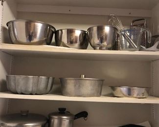 Kitchen bakeware, mixing bowls, and pots 