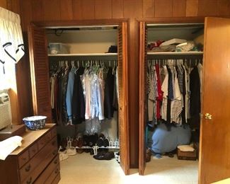 Large selection of men’s clothes.  Name brand shorts, slacks, short and long sleeve shirts, knit sports shirts, swimsuits, athletic suits.  Sports coats, robes, pajamas, ties, hats.  Very nice, size L/XL.  Shoes, socks.