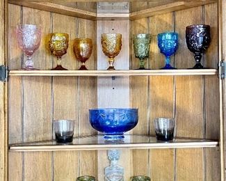 Vintage Colored Glasses 
Indiana Glass, L. E. Smith Moon Stars, L. G. Wright and KANAWHA Co. 
Cut Cobalt Glass Bowl: Miller Rogaska, Reed & Barton 