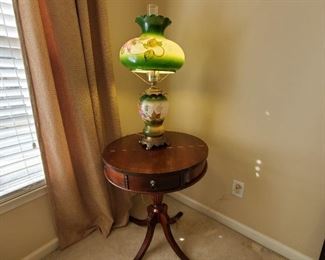 Drum Table and Vintage Lamp