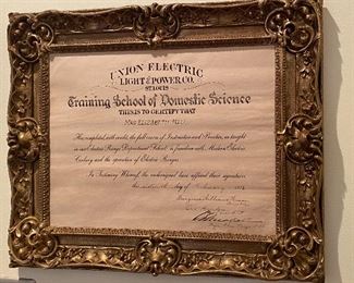 MRS HALL'S 1918 CERTIFICATE FROM UNION ELECTRIC LIGHT & POWER TRAINING SCHOOL OF DOMESTIC SCIENCE - SHE IS NOW FAMILIAR WITH MODERN ELECTRIC COOKERY AND OPERATION OF ELECTRIC RANGES - WOOHOO!!!