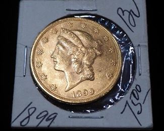 1899 Coronet Head Twenty Dollar Double Eagle Gold Coin