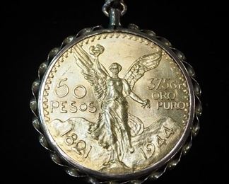 1944 Mexico Fifty Pesos Gold Coin Pendant