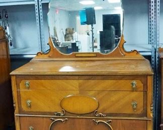 Antique 3-Drawer Dresser With Mirror on Wood Casters, 70.5" x 48" x 22"