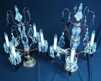 Vintage 4-Light Table Lamps With Clear And Purple Glass Charms, 22" Tall