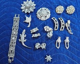 Rhinestone Costume Jewelry Including Brooches, Clip On Earrings, Bracelet, And More
