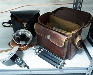 Agfa Flash Gun, With Case, Susis Tripod, Gold Cress Flash, And Leather Camera Bags