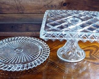 10" Square Glass Pedestal Cake Plate, And 11" Round Footed Cake Plate