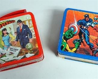 Vintage Aladdin Metal Superman Lunchbox With Matching Thermos, And Captain America Lunch Box