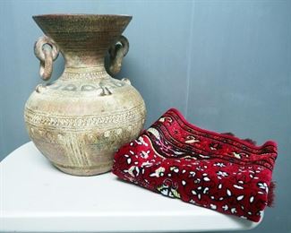 Clay Pottery Vase, And Handmade Prayer Rug, 27" x 46"