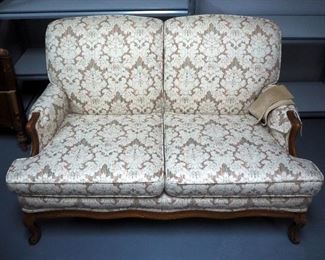 Vintage 2 Cushion Upholstered Parlor Sofa, 33" x 51" x 36" With Wood Accents