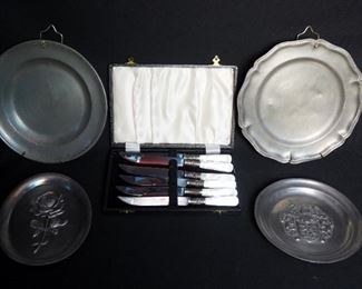 Metal Embossed Collectors Plates, Qty 2, And 9" Collector Plates, With Hangers, Qty 2, Stainless Sheffield Steak Knives With Pearl Like Handles In Box