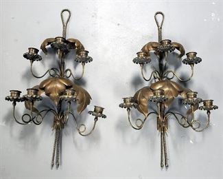 Brass Toned Wall Sconce Candelabras, Qty 2, 32" Tall x 18"