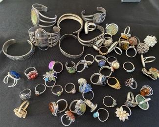 Assorted costume rings and bracelets.