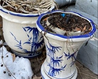 Blue and white planters.