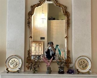 Gorgeous French mirror - and jade trees and stone amethyst with stone birds 