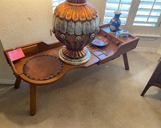 Authentic Cobblers maple table with original leather round work area.