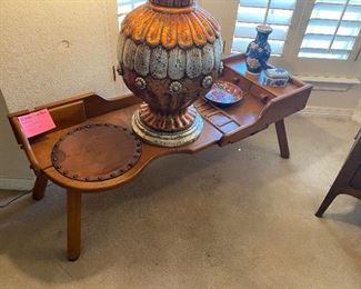Authentic Cobblers maple table with original leather round work area.