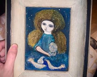 Price: $500. Lorraine Wells James "A Girl in Blue". 9.5 X 7.5 inches. Vintage Oil painting on board. Her works are exhibited in Museums.