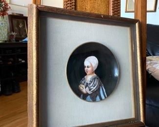 Price: $150. Baroque style handprinted painting on the plate in the wooden frame. 12 X 12 inches.