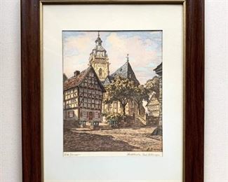 Discounted Price: $600. Was: $850. Fritz Zimmer (German, 1874 - 1950). His works are in different museums. Marktplatz, Bad Wildungen, Watercolor, 15.5 X 11 inches. Framed.
16 X 13
