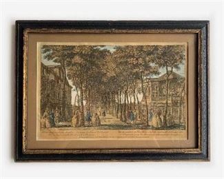 Discounted price: $250. Was:$500. The British Museum artwork. Hand Painted print 18th century (1751) Etching and engraving 1750-1760
made by: Henry Roberts, Published by: Henry Parker, The Royal Palace
of St James's next the Park, the same work is in The British Museum. 10 X 7 inches. Framed.
View in St James's Park, with the palace on the left and Westminster Abbey in distance on the right; fashionably dressed
figures in park strolling among rows of trees receding into the distance; a later state.