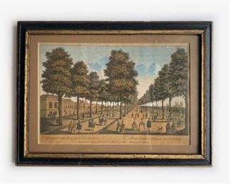 Discounted price: $250. Was:$500. Hand Painted print 18th century (1751) Etching and engraving 1750-1760
made by: Henry Roberts, Published by: Henry Parker, The Royal Palace
of St James's next the Park, the same work is in The British Museum. 10 X 7 inches. Framed.
View in St James's Park, with the palace on the left and Westminster Abbey in distance on the right; fashionably dressed
figures in park strolling among rows of trees receding into the distance; a later state.