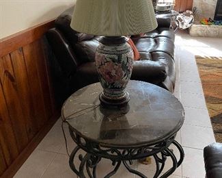 2 MARBLE & WROUGHT IRON END TABLES