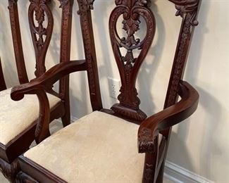 PRICE - $2,400/all; Gorgeous antique mahogany dining table with set/8 heavily carved Chippendale chairs (two arm/6 side) and 2 leaves.