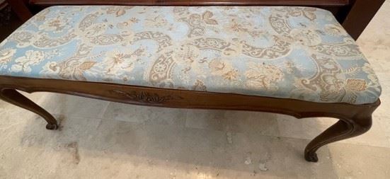 PRICE - $250; Mahogany Queen Anne bench with morie fabric; 50" wide x 17" deep x 19" high.