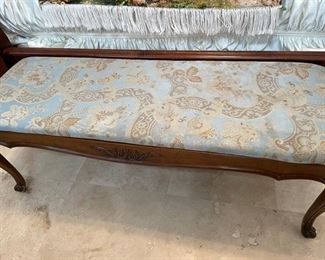 PRICE - $250; Mahogany Queen Anne bench with morie fabric; 50" wide x 17" deep x 19" high.