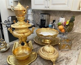 PRICE - $600/all; 24KT Iranian samovar/tea service with teapot, tray and bowl.