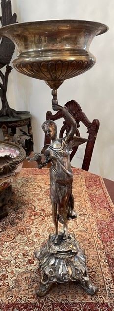 PRICE - $145; Silver angel holding open container;  26" high with 6" x 6" base.