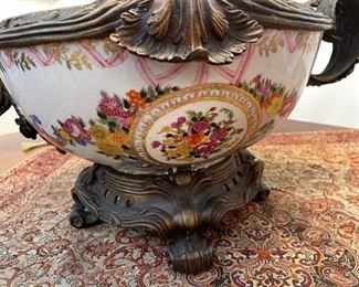 PRICE - $295; Beautiful handpainted porcelain bowl encased in curved bronze base and handles.