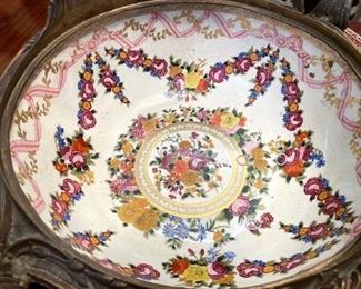 PRICE - $295; Inside of beautiful handpainted porcelain bowl encased in curved bronze base and handles.