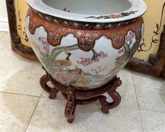 PRICE - $125 each; Two Oriental koi pots with wood stands.